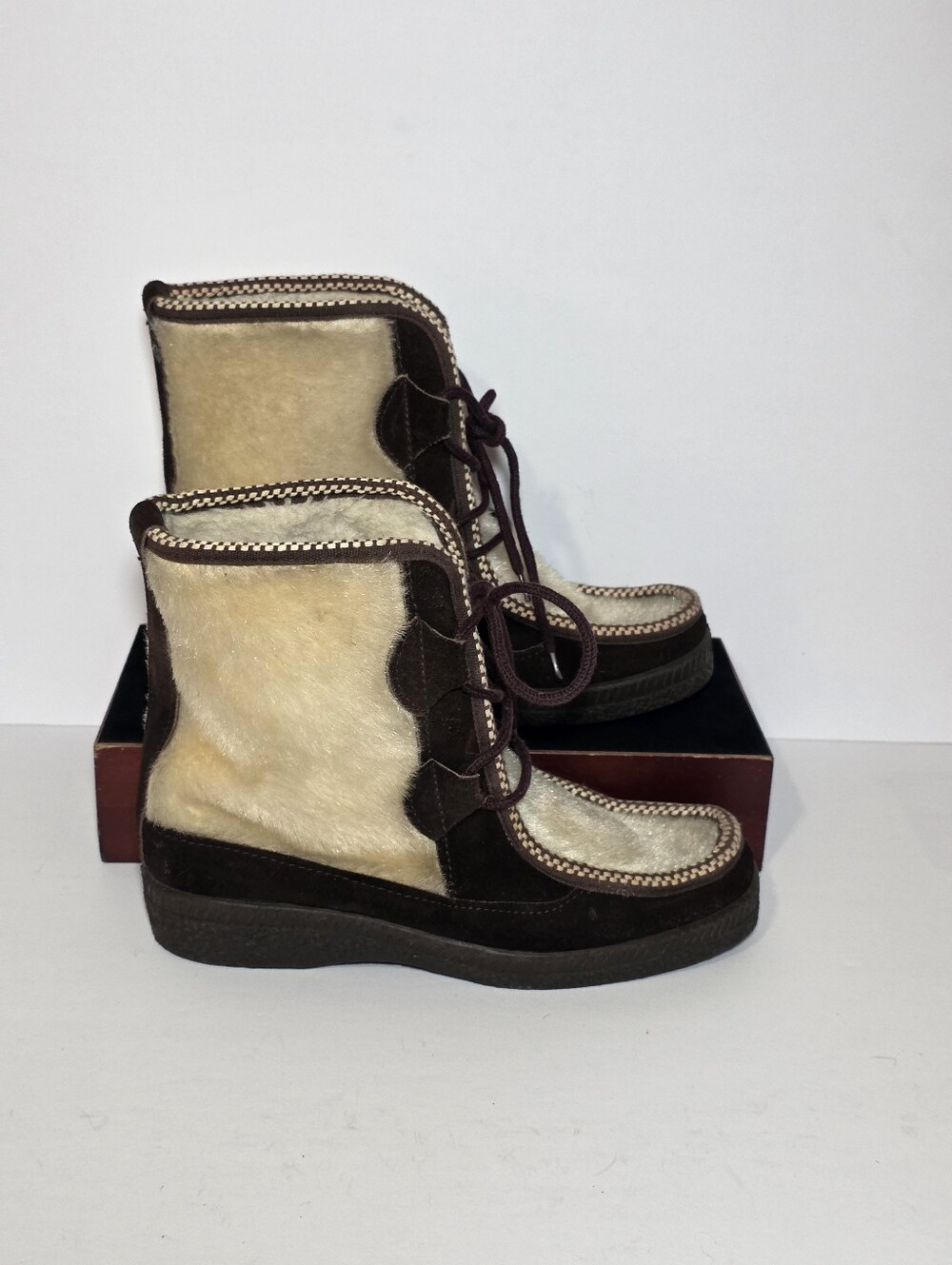 Vintage Ski Lounge Faux Fur Suede Ankle Snow Boots Brown Cream Sz 37 US 8